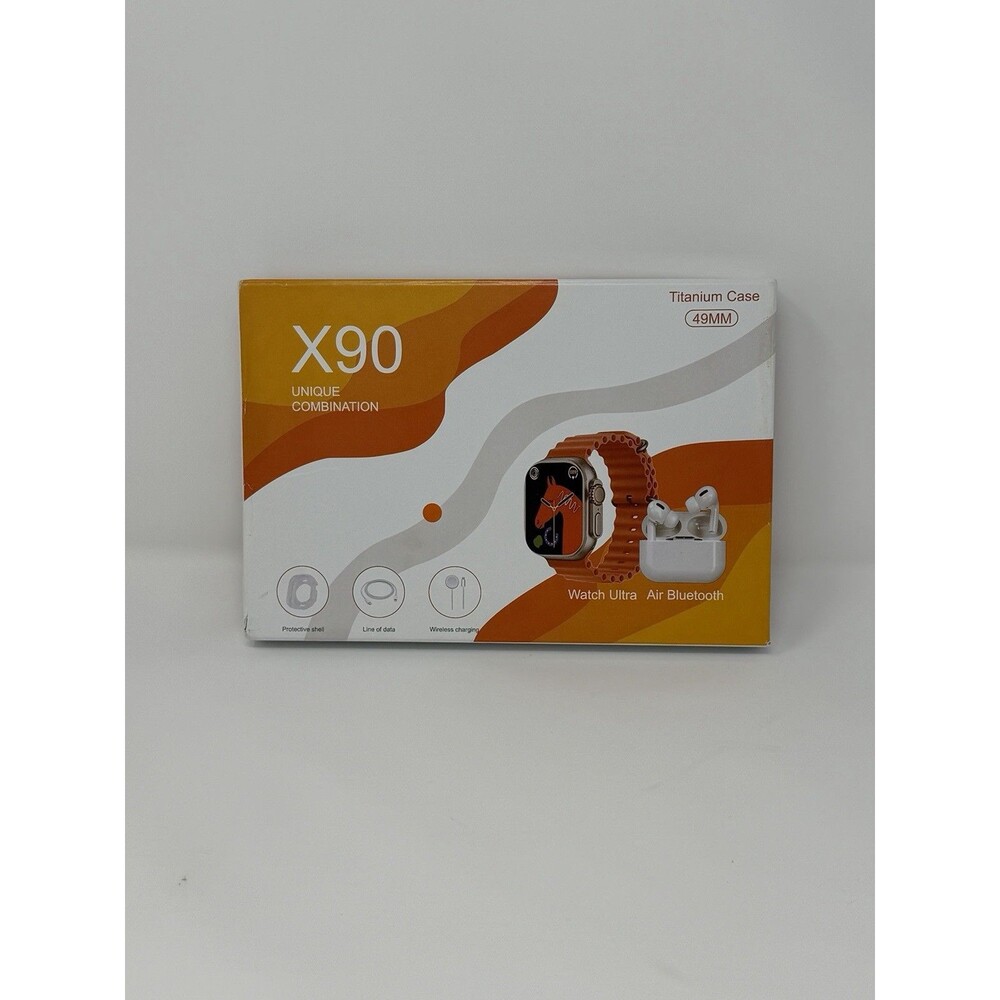 X90 Smart Watch Titanium 49mm w/Orange Band & BT Earbuds- Wireless Charging